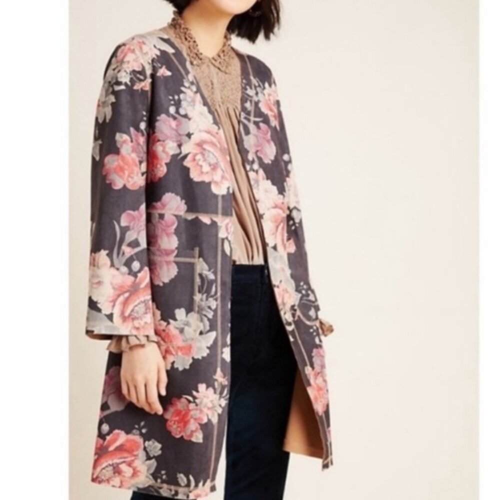 Anthropologie Solitaire Emilie Sueded Floral Kimono Jacket Women Large Gray Pink